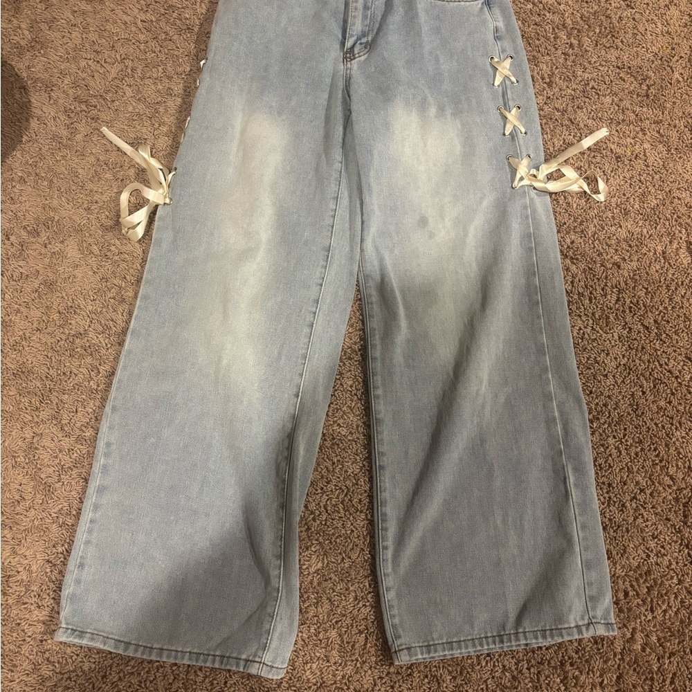 SHEIN Light Blue Flare Jeans with Ribbon Accents